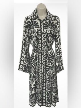 House of Harlow 1960 Black White Floral Shirt Dress Beaded Belt US Large VGUC
